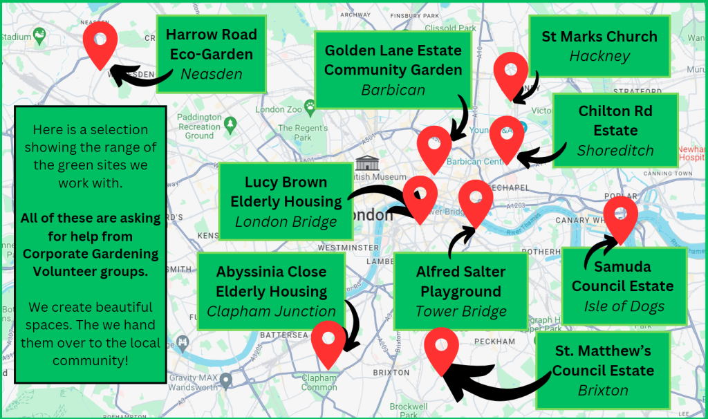 Leaves Breathe Map of Corporate Volunteer Gardening Sites in London